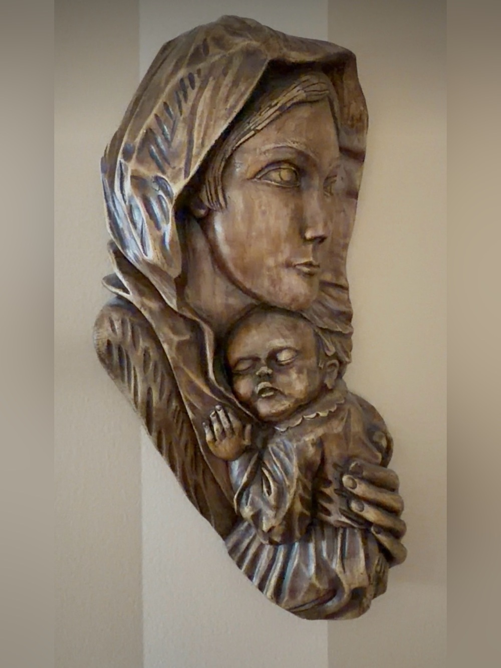 Wood-Tone Madonna and Child Wall Art Sculpture